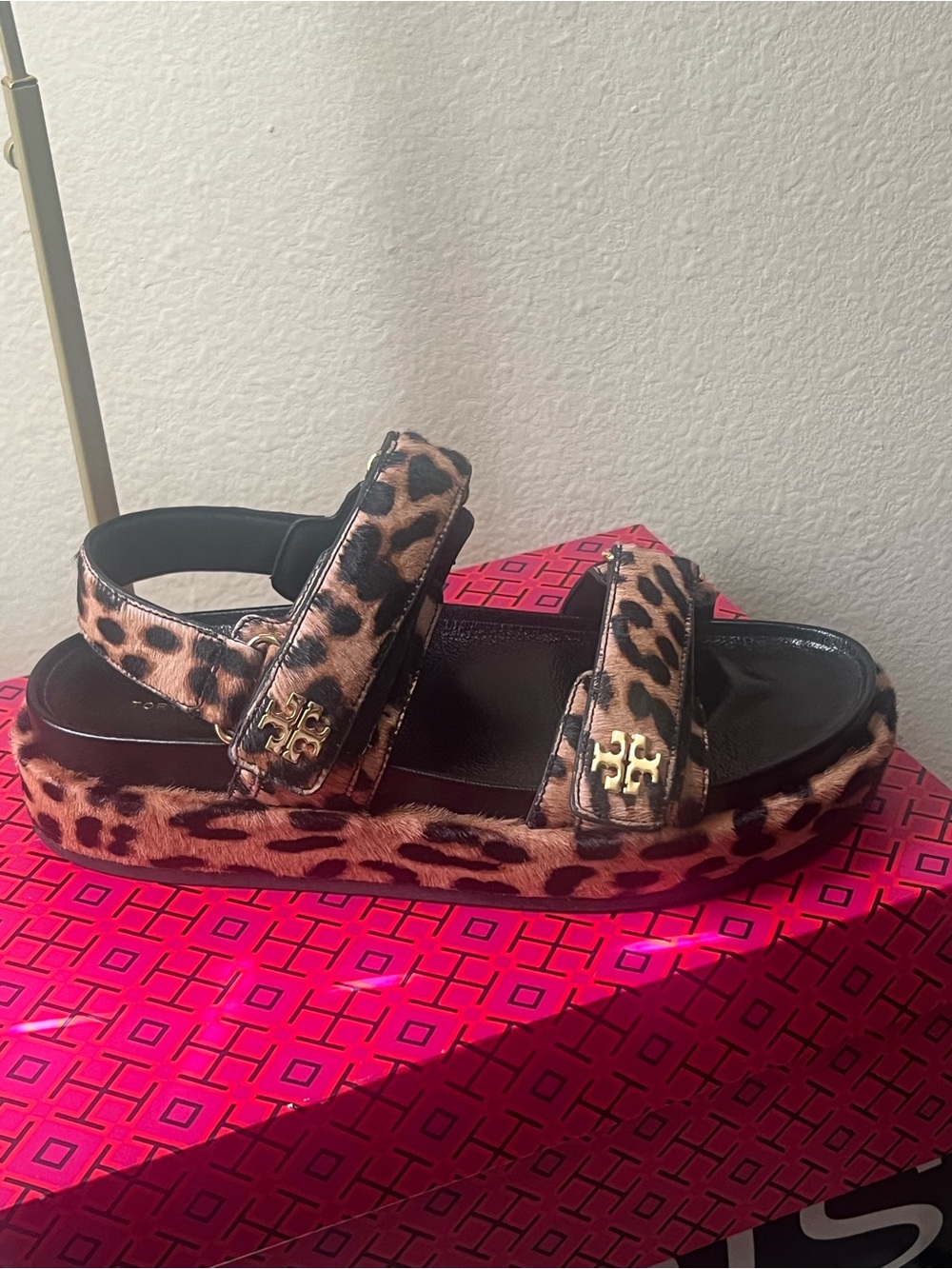 Tory Burch Leopard Print Platform Sandal with Gold Logo